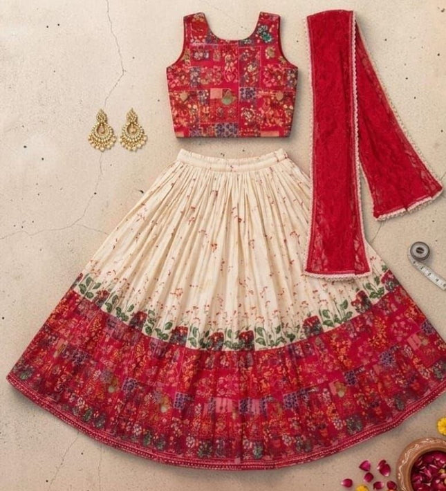 Girls Printed Chinon Silk Lehenga Set with Twill Blouse - Rosepetals Luxe