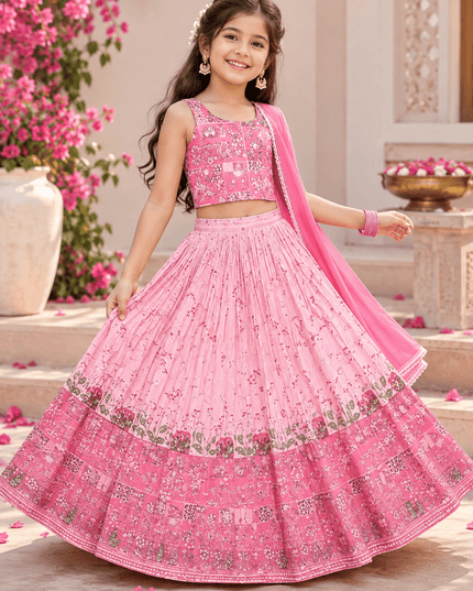 Girls Printed Chinon Silk Lehenga Set with Twill Blouse - Rosepetals Luxe