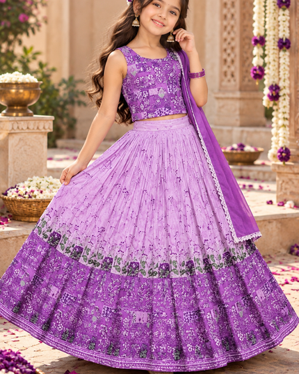 Girls Printed Chinon Silk Lehenga Set with Twill Blouse - Rosepetals Luxe