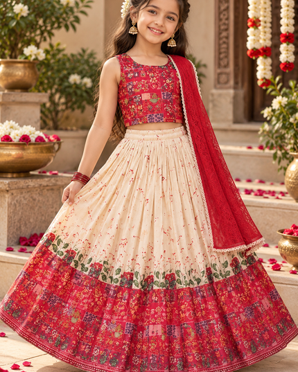 Girls Printed Chinon Silk Lehenga Set with Twill Blouse - Rosepetals Luxe