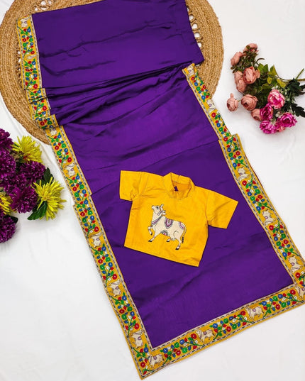 Girls Purple Kalamkari Chinnon Ready-to-Wear Saree | Dola Silk Blouse | Festive & Wedding - Rosepetals Luxe