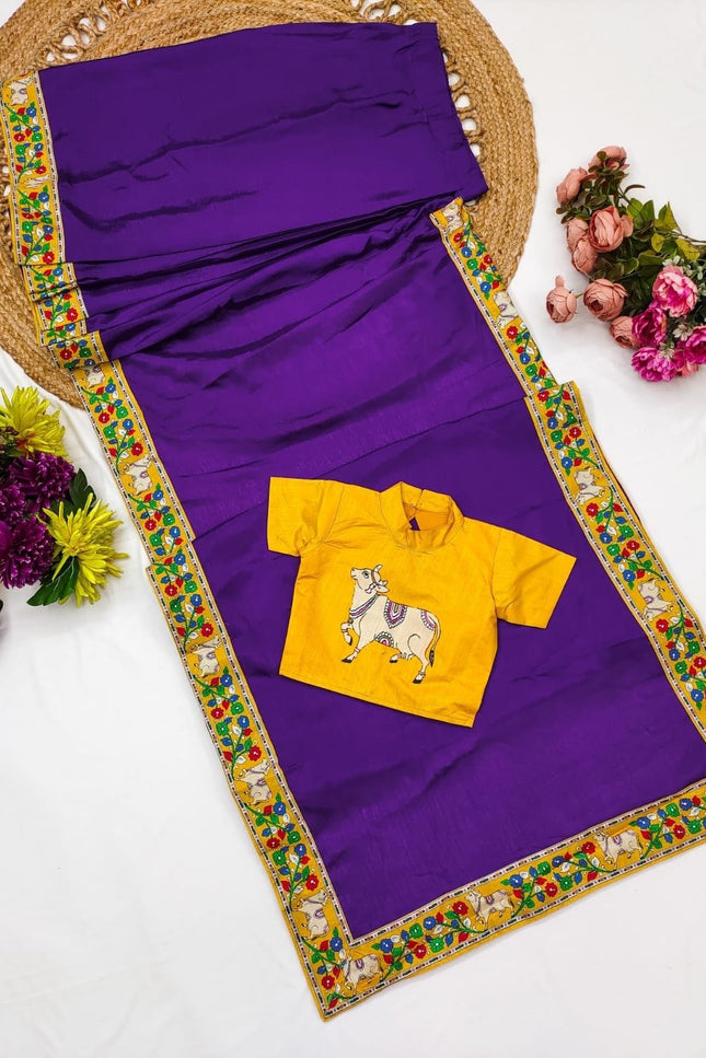 Girls Purple Kalamkari Chinnon Ready-to-Wear Saree | Dola Silk Blouse | Festive & Wedding - Rosepetals Luxe