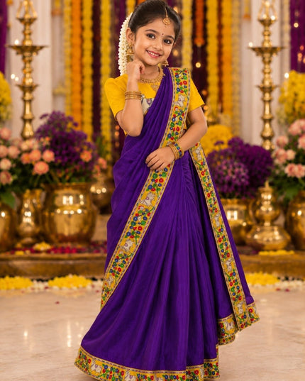 Girls Purple Kalamkari Chinnon Ready-to-Wear Saree | Dola Silk Blouse | Festive & Wedding - Rosepetals Luxe