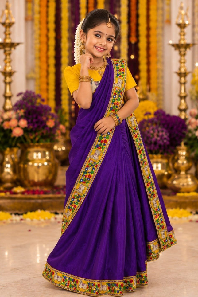Girls Purple Kalamkari Chinnon Ready-to-Wear Saree | Dola Silk Blouse | Festive & Wedding - Rosepetals Luxe