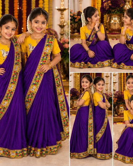 Girls Purple Kalamkari Chinnon Ready-to-Wear Saree | Dola Silk Blouse | Festive & Wedding - Rosepetals Luxe