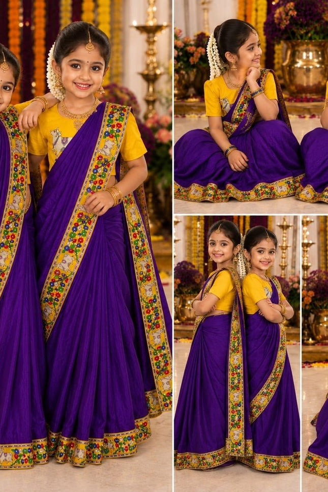 Girls Purple Kalamkari Chinnon Ready-to-Wear Saree | Dola Silk Blouse | Festive & Wedding - Rosepetals Luxe