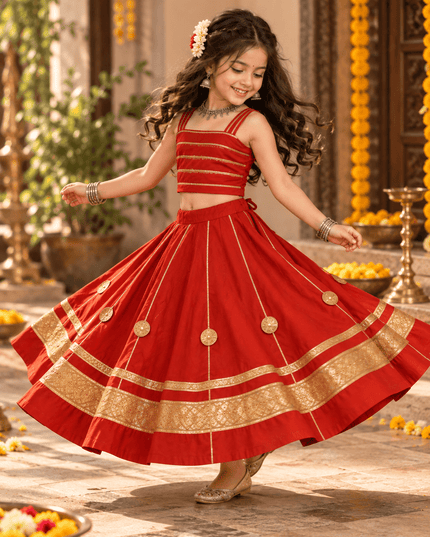 Girls' Red Mirror-Work Chaniya Choli - Rosepetals Luxe
