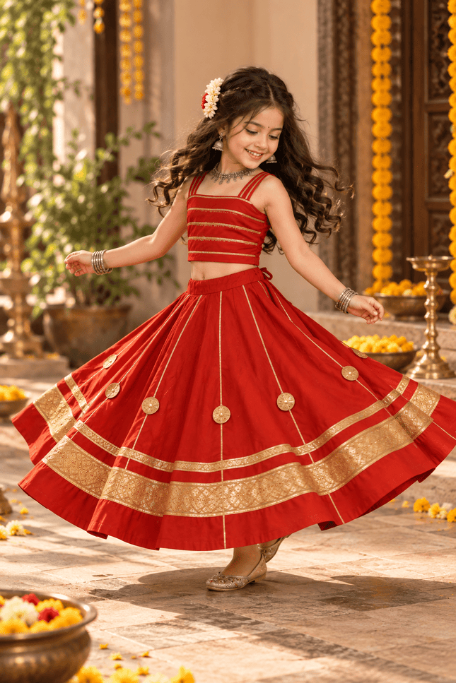 Girls' Red Mirror-Work Chaniya Choli - Rosepetals Luxe