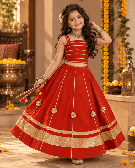 Girls' Red Mirror-Work Chaniya Choli - Rosepetals Luxe