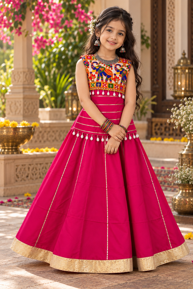 Girls' Roman Silk Mirror-Work Navratri Chaniya Choli - Rosepetals Luxe