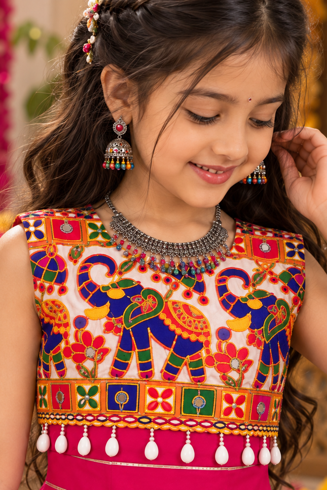 Girls' Roman Silk Mirror-Work Navratri Chaniya Choli - Rosepetals Luxe