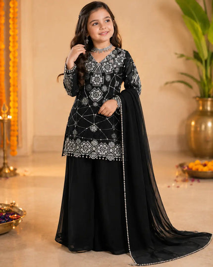 Girls Sequin Embroidery Party Wear Set – Top, Palazzo & Dupatta | Festive Ethnic Wear for Girls - Rosepetals Luxe