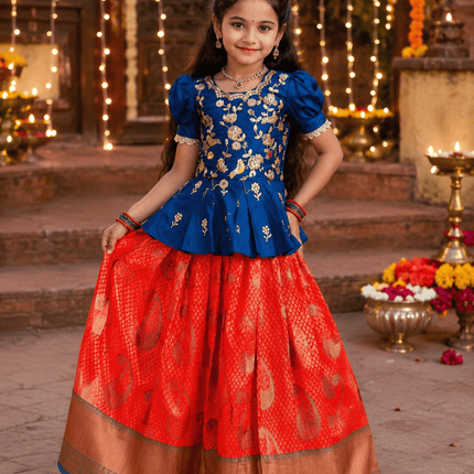 Girls Silk Zari Weaving Lehenga Choli Set | Kids Festive & Wedding Wear - Rosepetals Luxe