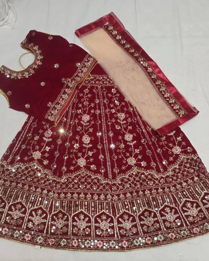 Girls Velvet Lehenga Choli Set | Zari & Sequin Embroidery | Festive Ethnic Wear for Kids - Rosepetals Luxe