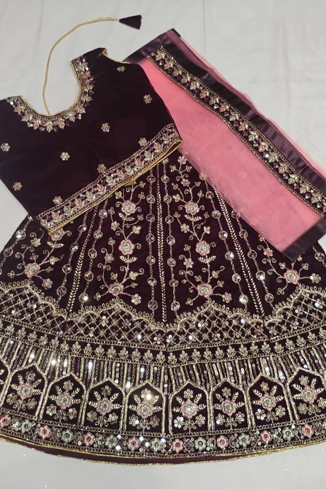 Girls Velvet Lehenga Choli Set | Zari & Sequin Embroidery | Festive Ethnic Wear for Kids - Rosepetals Luxe