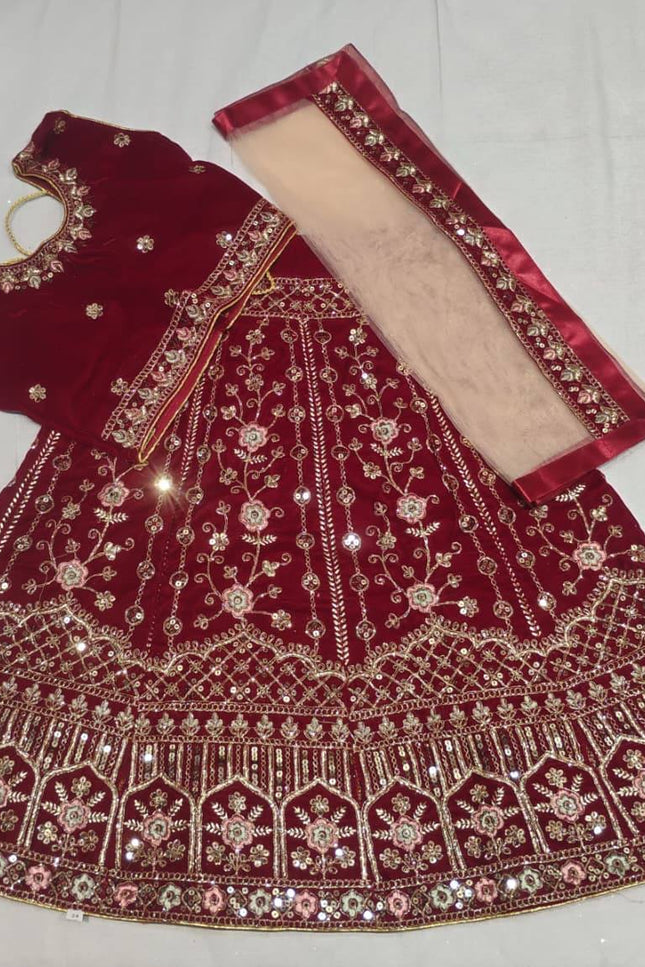 Girls Velvet Lehenga Choli Set | Zari & Sequin Embroidery | Festive Ethnic Wear for Kids - Rosepetals Luxe