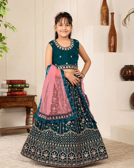 Girls Velvet Lehenga Choli Set | Zari & Sequin Embroidery | Festive Ethnic Wear for Kids - Rosepetals Luxe