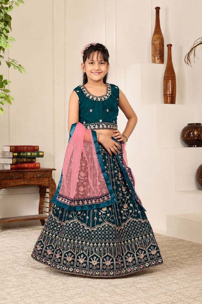 Girls Velvet Lehenga Choli Set | Zari & Sequin Embroidery | Festive Ethnic Wear for Kids - Rosepetals Luxe