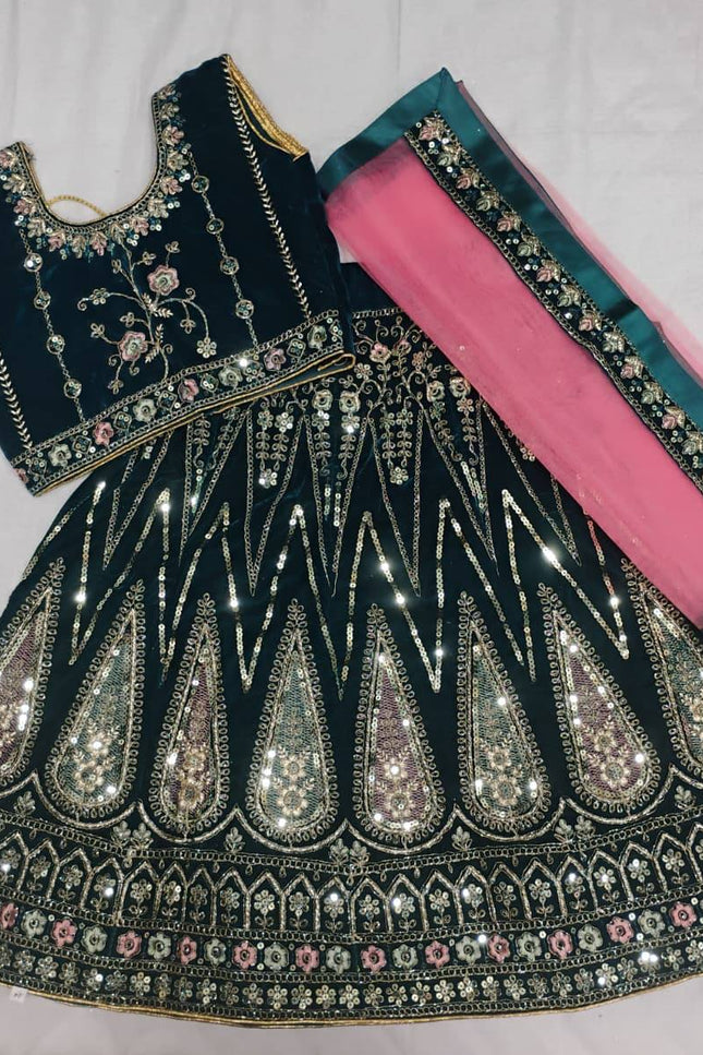 Girls Velvet Lehenga Choli Set | Zari & Sequin Embroidery | Festive Ethnic Wear for Kids - Rosepetals Luxe