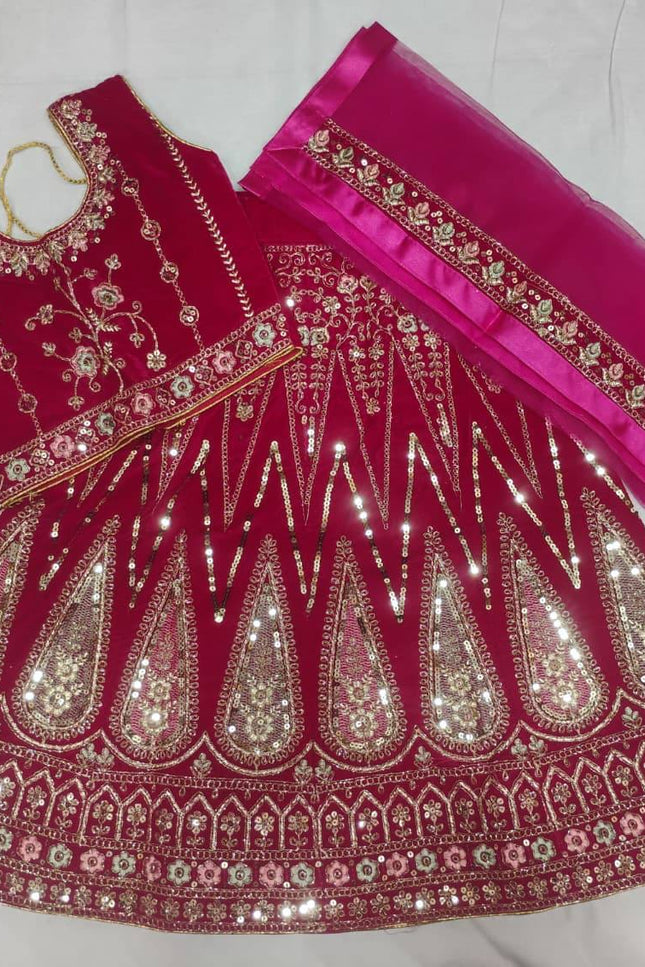 Girls Velvet Lehenga Choli Set | Zari & Sequin Embroidery | Festive Ethnic Wear for Kids - Rosepetals Luxe