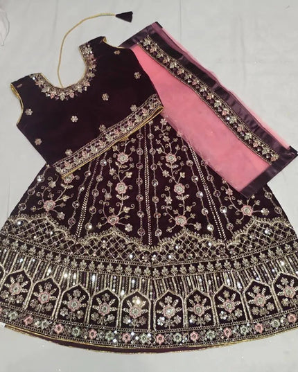 Girls Velvet Lehenga Choli Set | Zari & Sequin Embroidery | Festive Ethnic Wear for Kids - Rosepetals Luxe