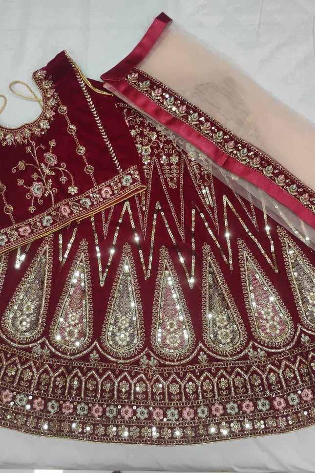 Girls Velvet Lehenga Choli Set | Zari & Sequin Embroidery | Festive Ethnic Wear for Kids - Rosepetals Luxe