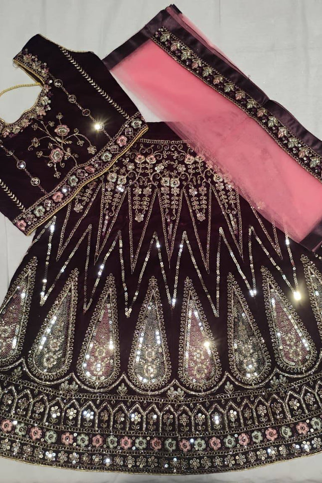 Girls Velvet Lehenga Choli Set | Zari & Sequin Embroidery | Festive Ethnic Wear for Kids - Rosepetals Luxe
