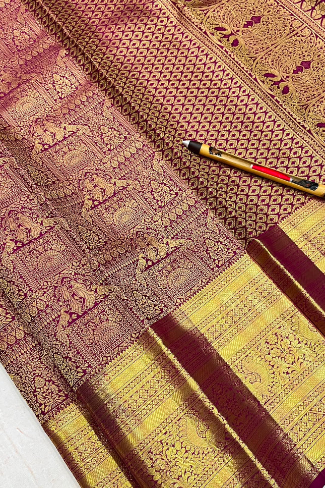 Gold & Maroon Kanchipuram Pure Silk Bridal Saree | Silk Mark - Rosepetals Luxe