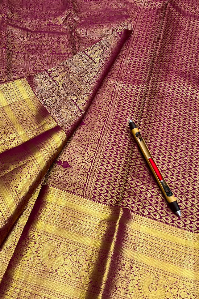 Gold & Maroon Kanchipuram Pure Silk Bridal Saree | Silk Mark - Rosepetals Luxe