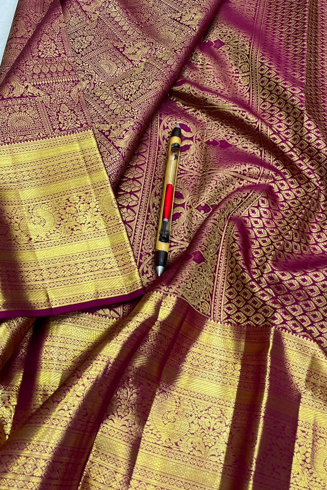 Gold & Maroon Kanchipuram Pure Silk Bridal Saree | Silk Mark - Rosepetals Luxe