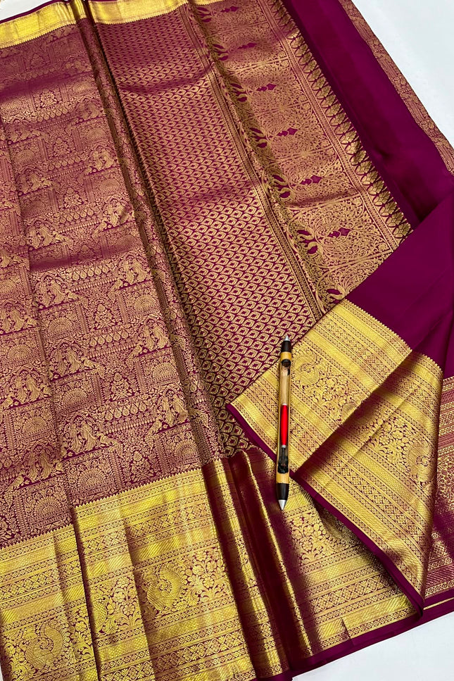 Gold & Maroon Kanchipuram Pure Silk Bridal Saree | Silk Mark - Rosepetals Luxe