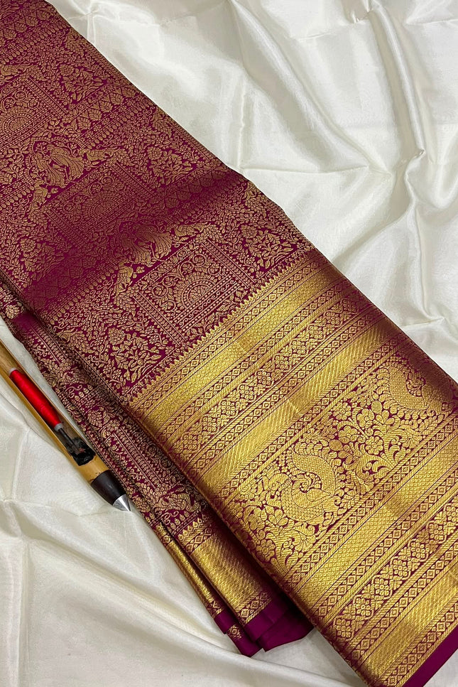 Gold & Maroon Kanchipuram Pure Silk Bridal Saree | Silk Mark - Rosepetals Luxe
