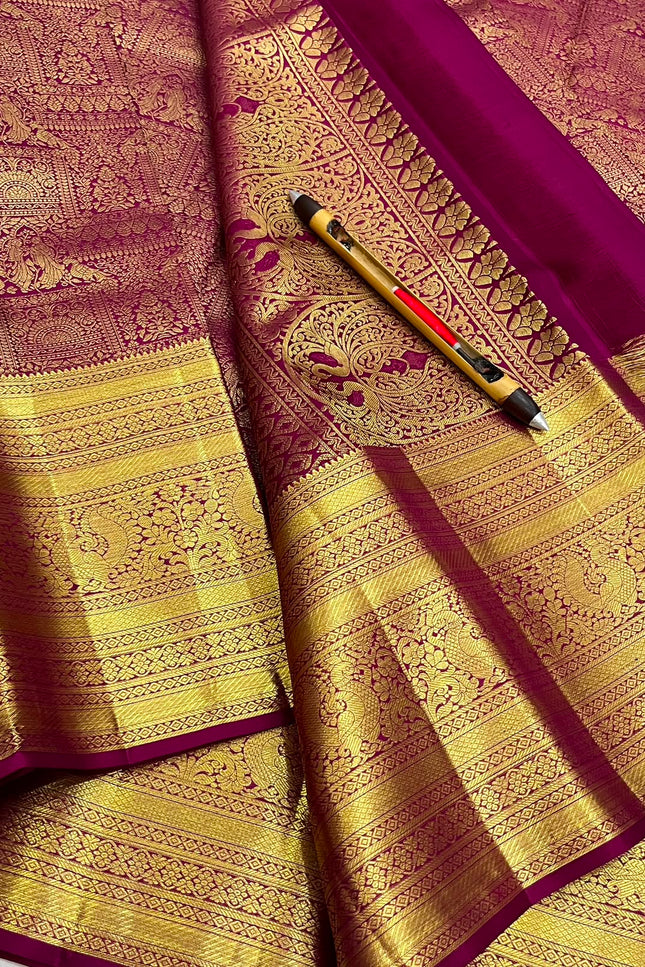 Gold & Maroon Kanchipuram Pure Silk Bridal Saree | Silk Mark - Rosepetals Luxe