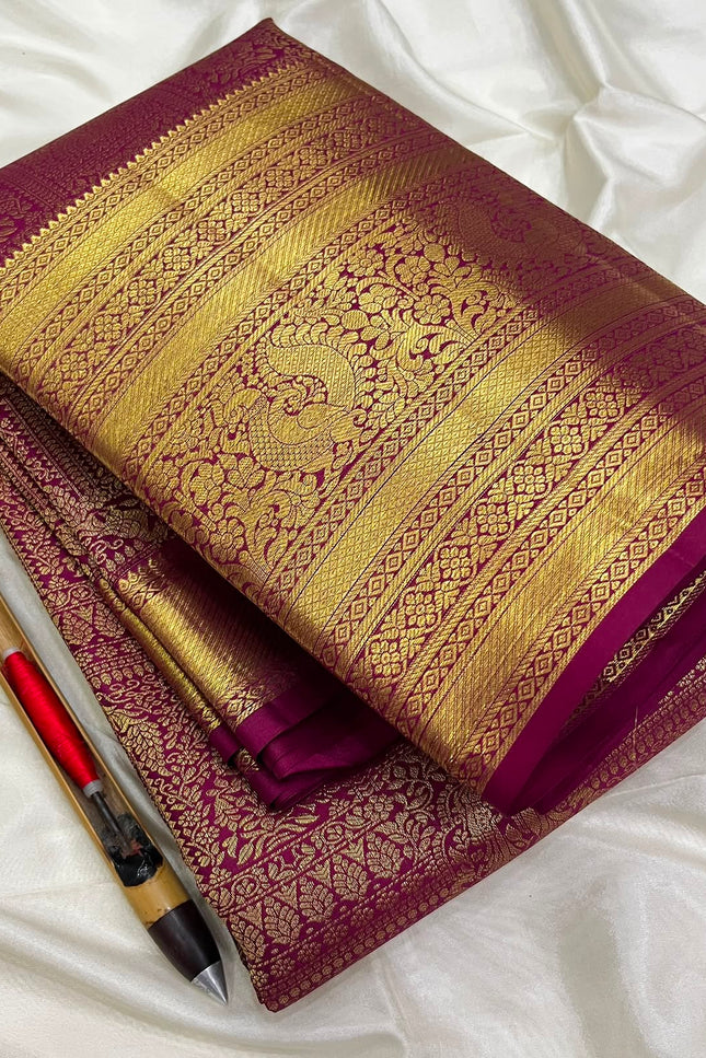 Gold & Maroon Kanchipuram Pure Silk Bridal Saree | Silk Mark - Rosepetals Luxe