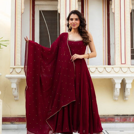Gold Sequin Anarkali Gown with Embroidered Dupatta | Faux Georgette Party Wear for Wedding & Reception - Rosepetals Luxe
