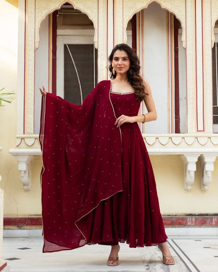 Gold Sequin Anarkali Gown with Embroidered Dupatta | Faux Georgette Party Wear for Wedding & Reception - Rosepetals Luxe