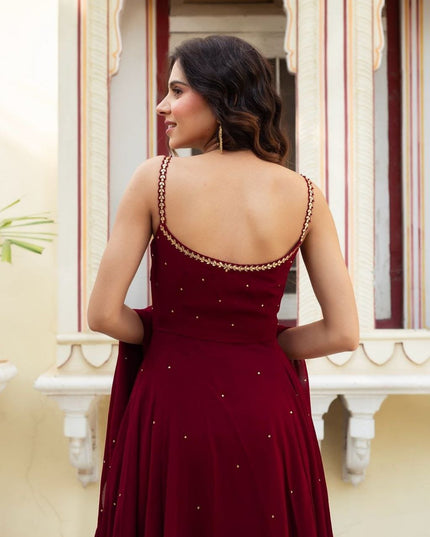 Gold Sequin Anarkali Gown with Embroidered Dupatta | Faux Georgette Party Wear for Wedding & Reception - Rosepetals Luxe