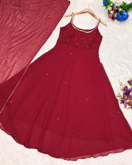 Gold Sequin Anarkali Gown with Embroidered Dupatta | Faux Georgette Party Wear for Wedding & Reception - Rosepetals Luxe
