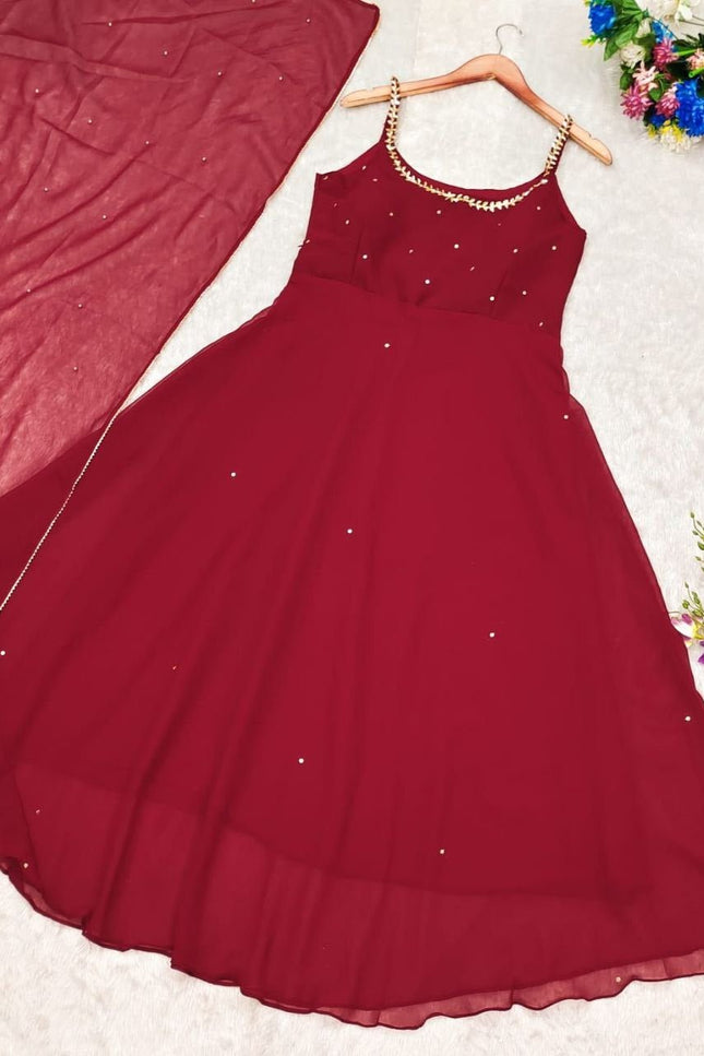 Gold Sequin Anarkali Gown with Embroidered Dupatta | Faux Georgette Party Wear for Wedding & Reception - Rosepetals Luxe