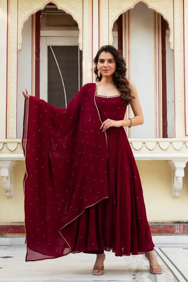 Gold Sequin Anarkali Gown with Embroidered Dupatta | Faux Georgette Party Wear for Wedding & Reception - Rosepetals Luxe