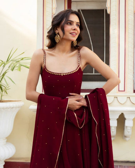Gold Sequin Anarkali Gown with Embroidered Dupatta | Faux Georgette Party Wear for Wedding & Reception - Rosepetals Luxe