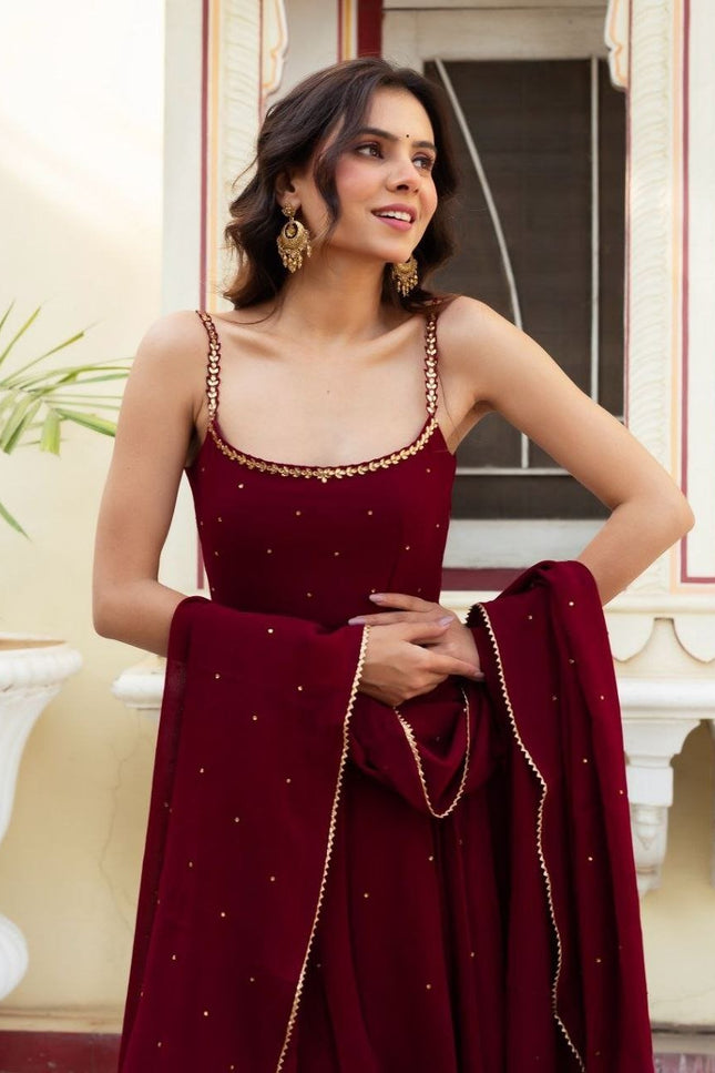 Gold Sequin Anarkali Gown with Embroidered Dupatta | Faux Georgette Party Wear for Wedding & Reception - Rosepetals Luxe