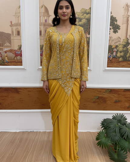 Ready to Wear Drape Saree with Koti | Zari & Semi Beads Embroidery | Faux Georgette - Rosepetals Luxe