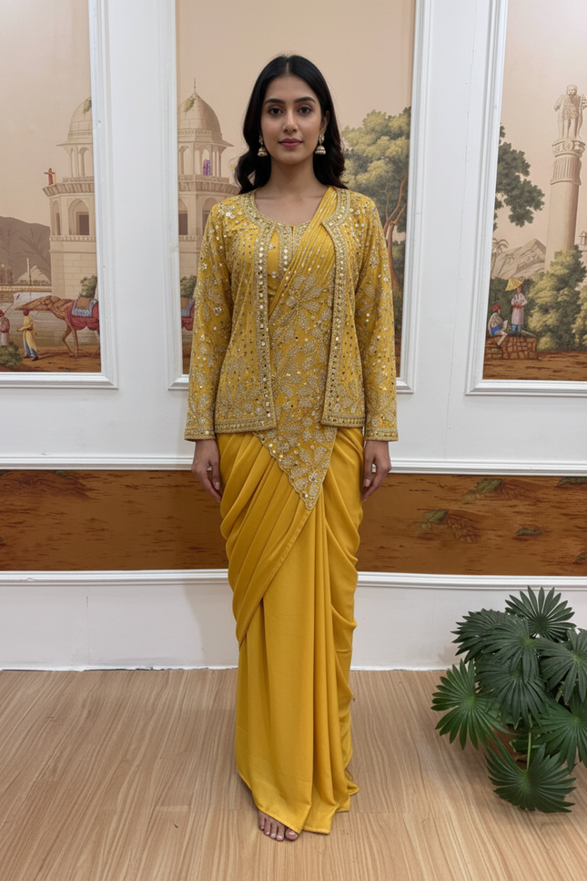Ready to Wear Drape Saree with Koti | Zari & Semi Beads Embroidery | Faux Georgette - Rosepetals Luxe