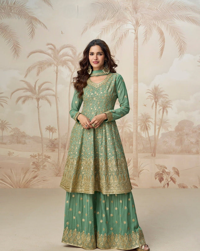 Green Georgette Embroidered Kurta Palazzo Set with Dupatta - Rosepetals Luxe