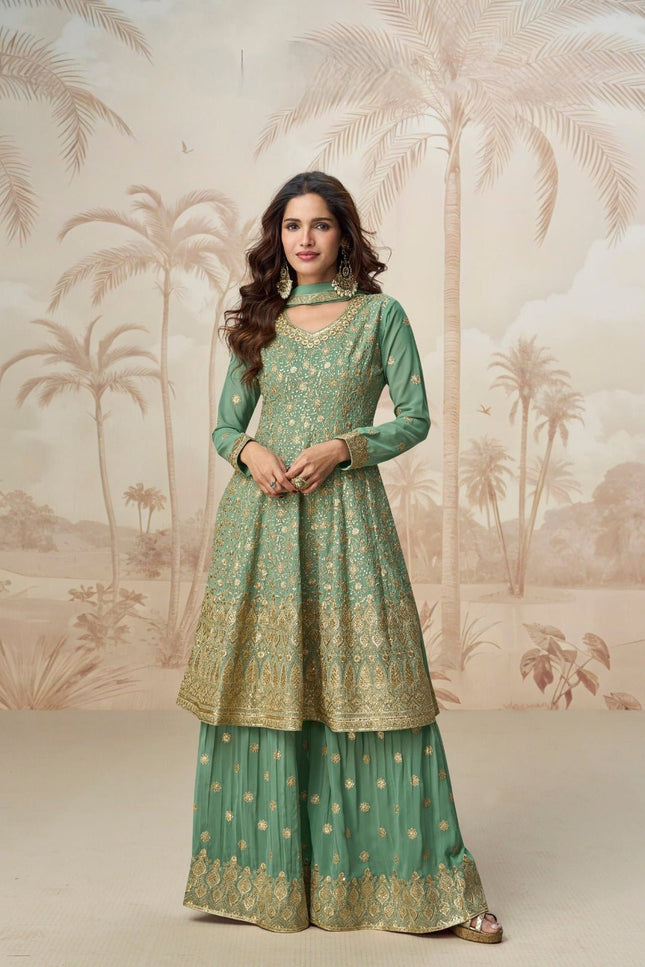Green Georgette Embroidered Kurta Palazzo Set with Dupatta - Rosepetals Luxe