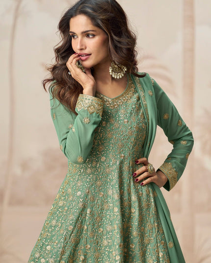 Green Georgette Embroidered Kurta Palazzo Set with Dupatta - Rosepetals Luxe