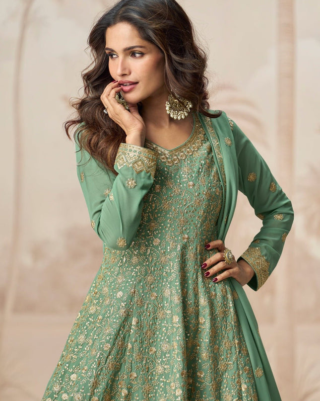 Green Georgette Embroidered Kurta Palazzo Set with Dupatta - Rosepetals Luxe