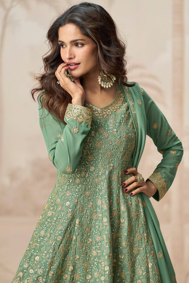 Green Georgette Embroidered Kurta Palazzo Set with Dupatta - Rosepetals Luxe