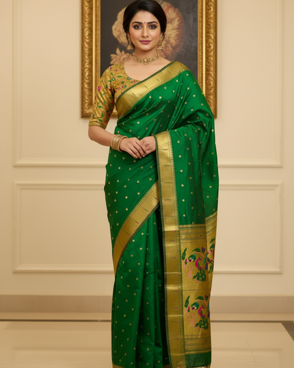 Gauri Muniyaa Paithani Silk Saree | Allover Butti with Meena Zari Blouse - Rosepetals Luxe